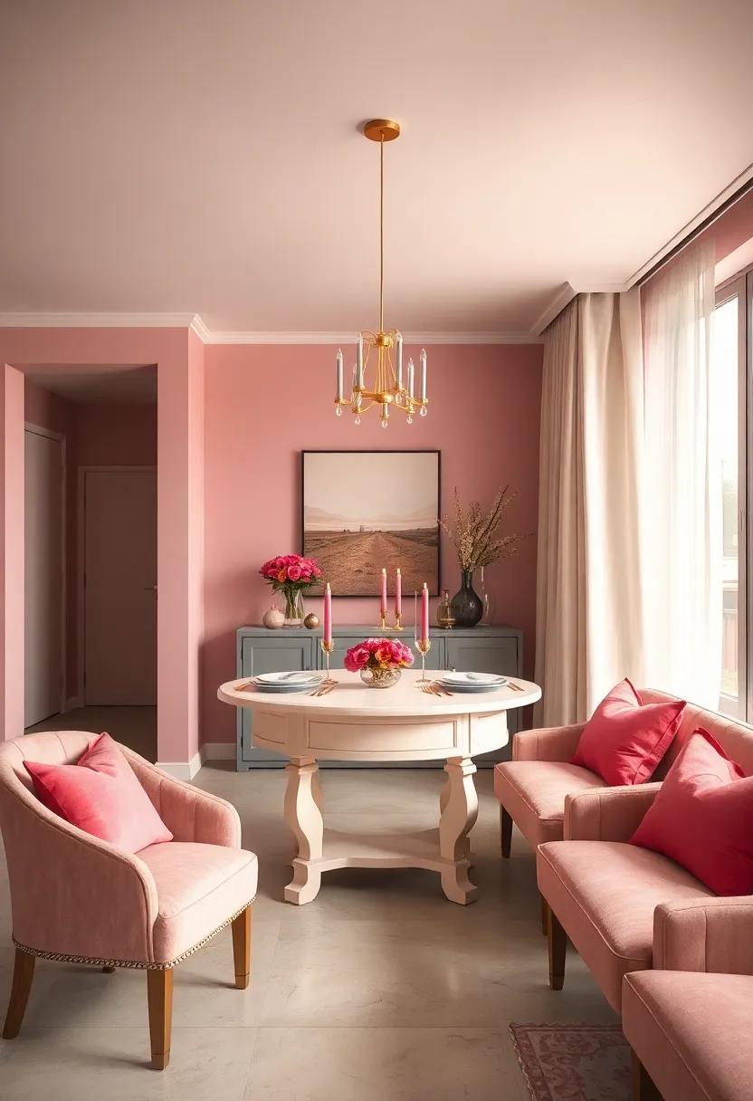 A Cream Console Table Styled with Pink Candles ‍and Gold Cutlery for Luxury Appeal
