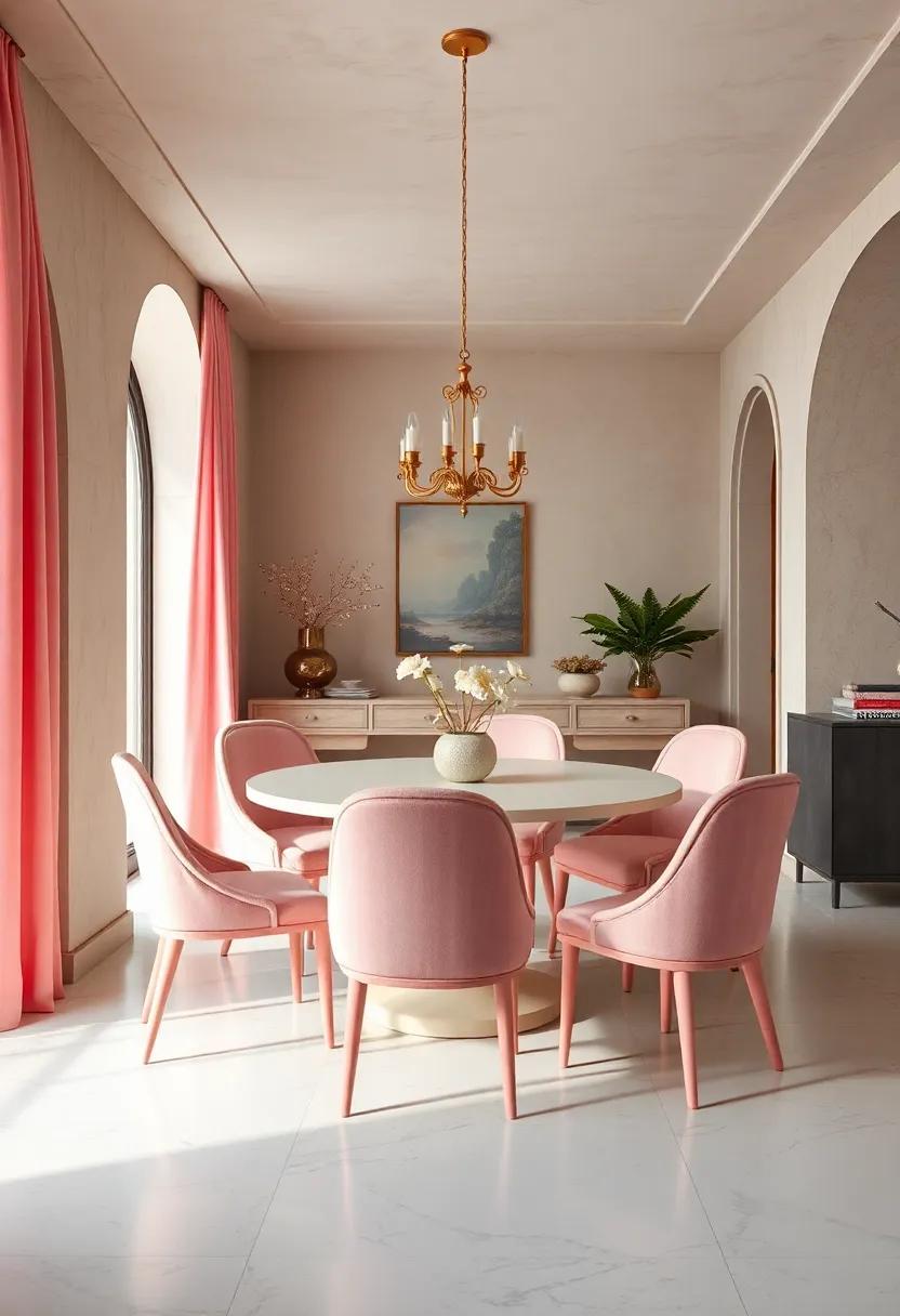 Pink Painted Dining Chairs‌ Around a Cream Round‍ Table for Inviting Gatherings