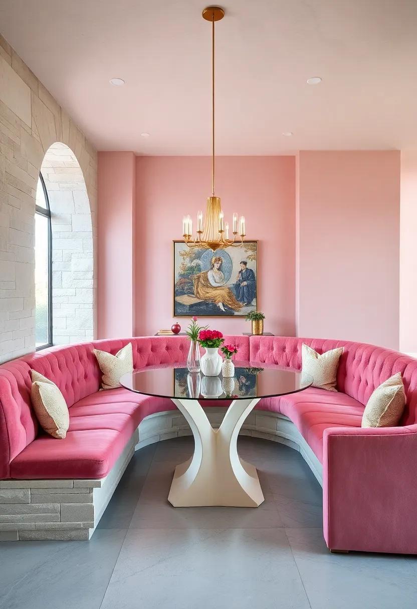 Pink Velvet Banquette Seating Paired‌ with​ a cream Glass dining Table for Stylish ⁣Comfort