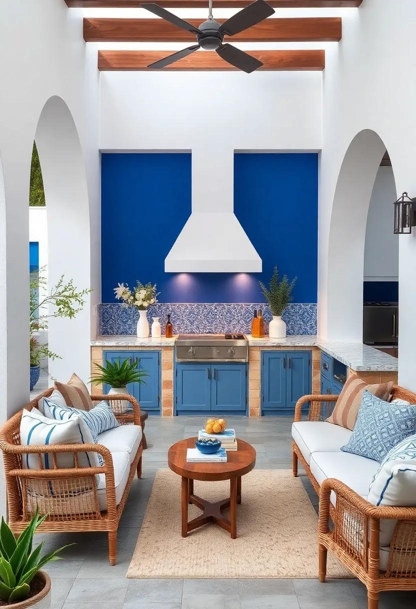 Blue⁤ and White ‌Harmony: Classic Mediterranean blue and white color schemes dominate this clean and stylish outdoor kitchen,⁤ accented by shimmering ​ceramic tiles