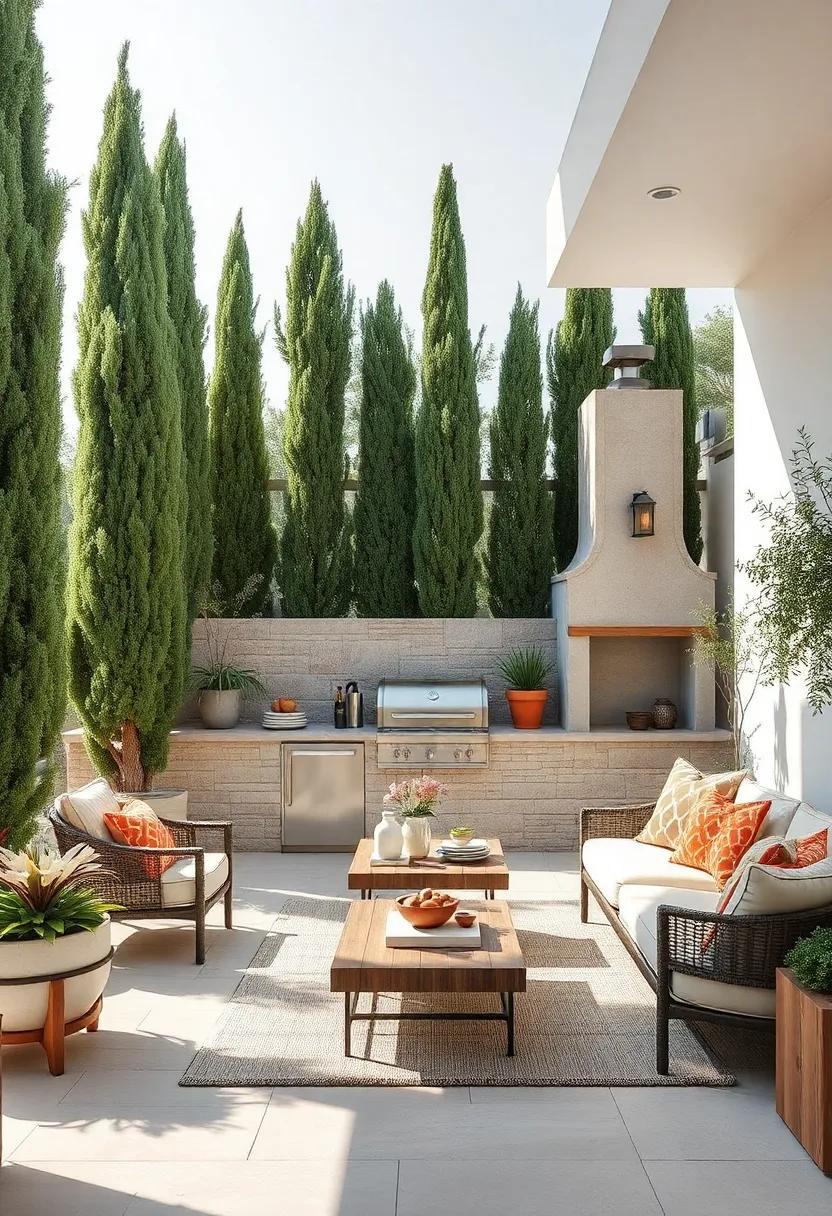 Cypress-Edged Escape: Tall cypress trees frame ⁢this space,‌ complementing its earthy ⁣tones and simple, elegant design ⁤inspired by Tuscan countryside kitchens