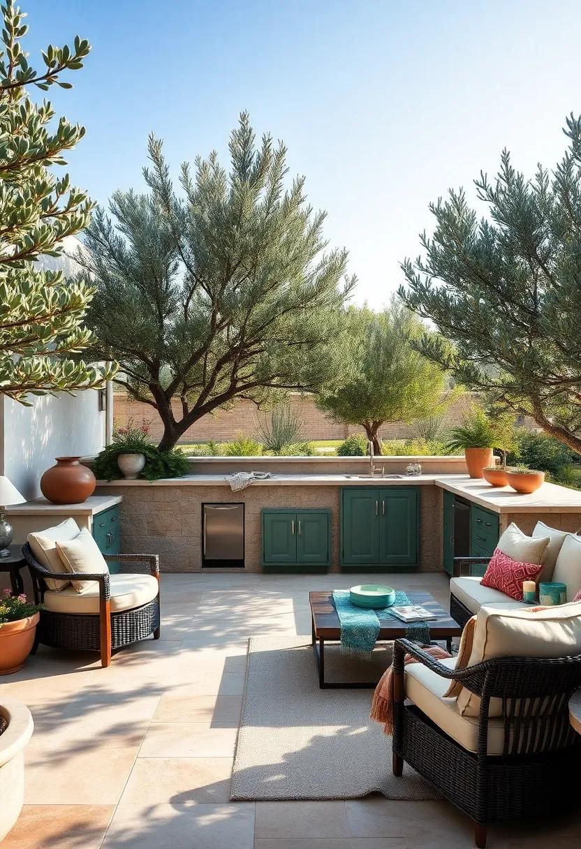 Olive ​Grove‌ Oasis: ‌Surrounded by olive trees, this outdoor kitchen blends natural stone with soft green cabinetry, offering a serene, nature-inspired Mediterranean vibe