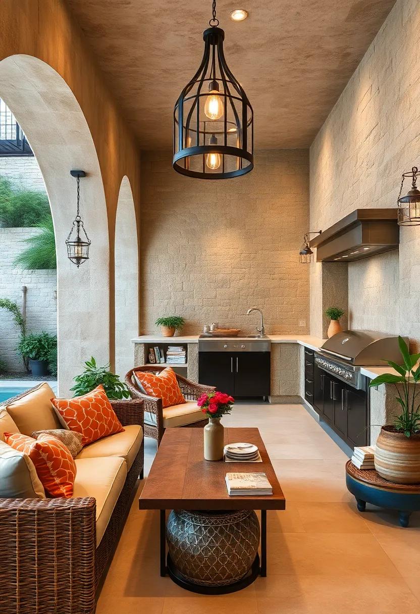 Rustic Stone and Iron: Heavy stone walls and wrought iron lighting fixtures set a robust, earthy tone that recalls ancient Mediterranean homes