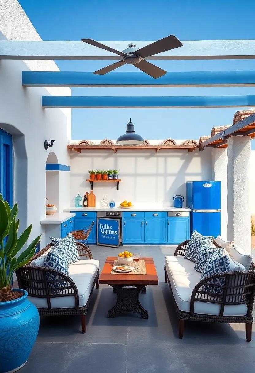 Santorini Blue Spot: Iconic cobalt blues paired with crisp whites and ‍airy seating mimic the serene ambiance ⁢of Santorini, offering a calming cooking space