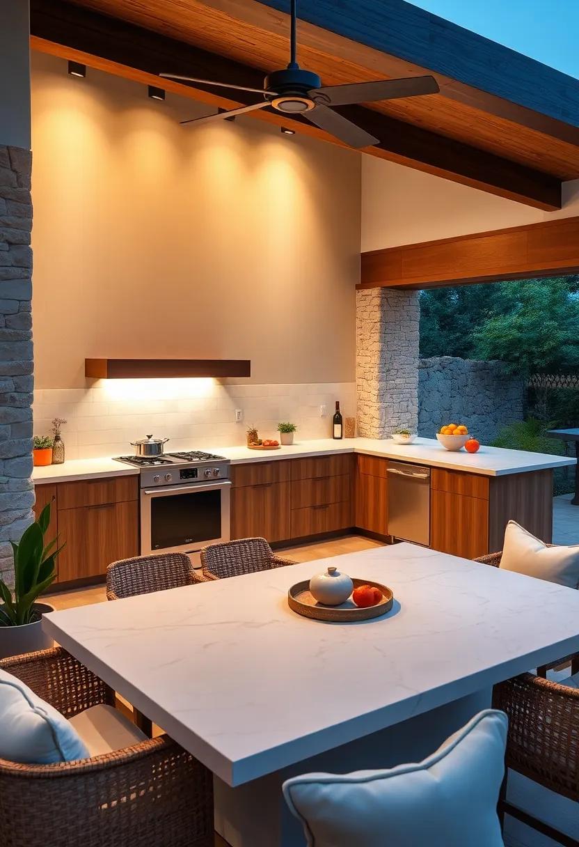 Sunset​ Terrace Kitchen: Elevated with panoramic garden views‌ and furnished with smooth limestone counters and teak wood accents, this kitchen ⁣is the ideal spot for evening meals