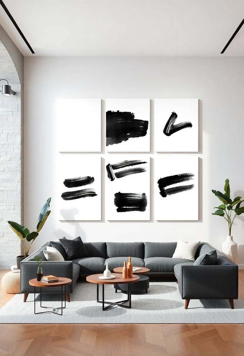 Abstract Brushstroke Panels: Single or multiple black brush markings on white ‌backgrounds exuding ​modern minimalism
