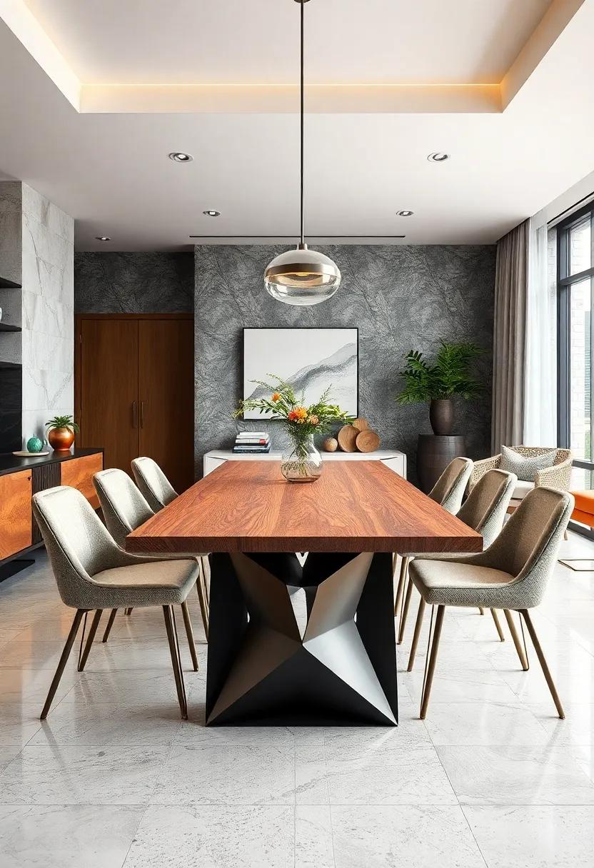 Geometric Metal Base with Wooden ‍Top – Artistic‌ and bold, giving your ⁤dining room a sculptural element