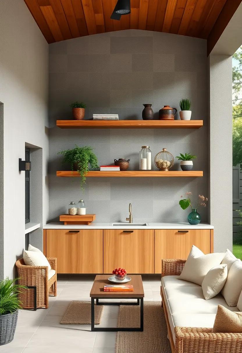 Classic Cedar Floating ‍Shelves – Celebrate‍ simplicity with‌ smooth cedar boards floating against a backdrop of outdoor ​walls, blending effortlessly with nature