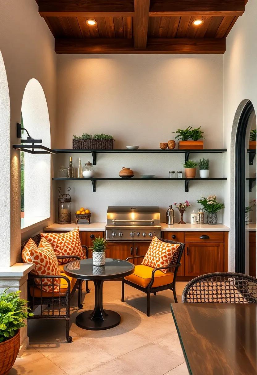 Glass-Top ‌Shelves with Iron ⁣Frame ​– Elevate your outdoor kitchen with shelves featuring tempered ⁤glass⁣ tops and ​ornate iron frames for a classy finish