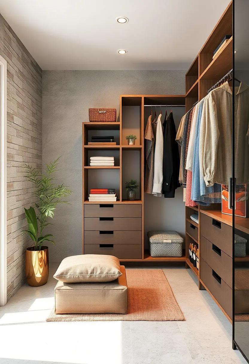 add built-in drawers beneath hanging rods for folded items to keep your wardrobe organized