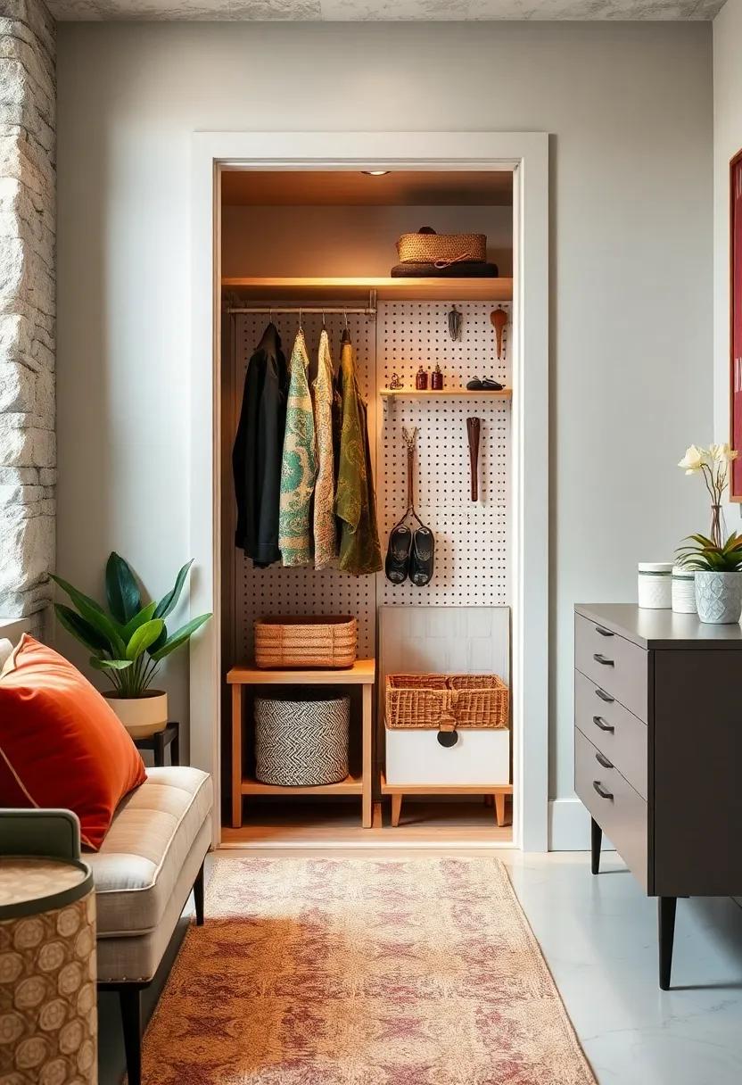 Hang a pegboard organizer on the inside of a closet door for customizable storage flexibility