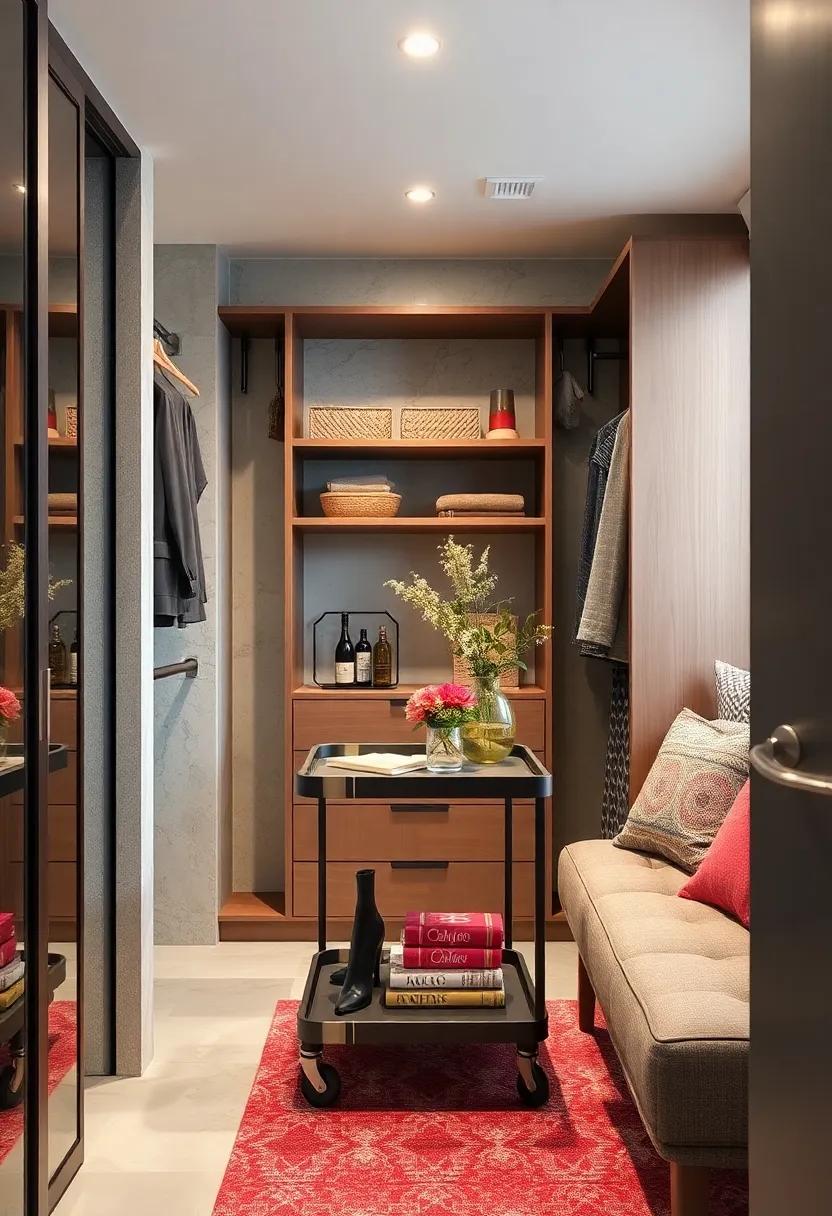 incorporate a slim rolling cart for additional storage that can be stowed away when not in use