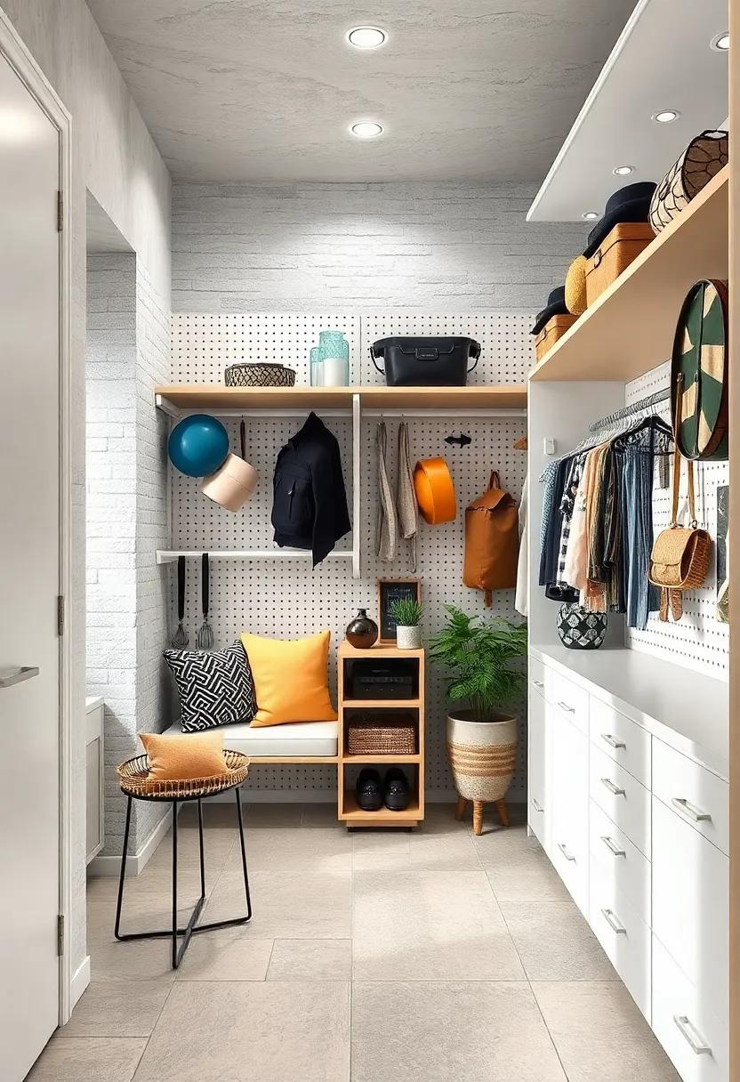 Install a pegboard on one wall to create a customizable area for belts, hats, and tools
