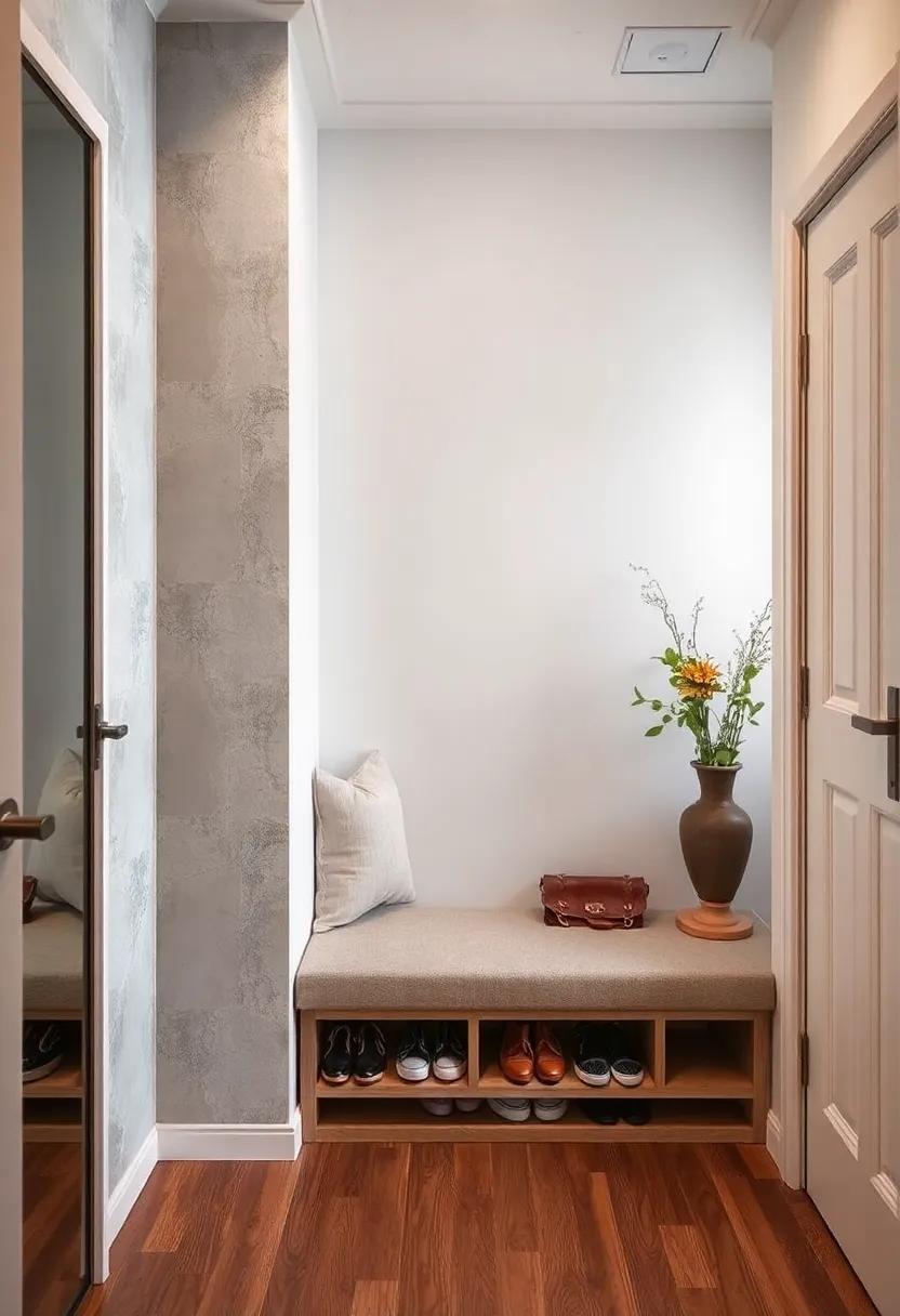 Place a narrow bench with shoe storage underneath for a practical and space-saving seating option