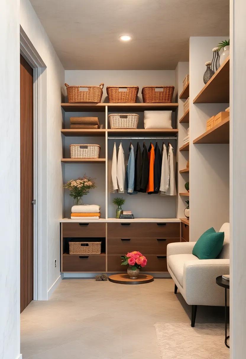 Use baskets or fabric bins on high shelves to store out-of-season clothing or bulky items