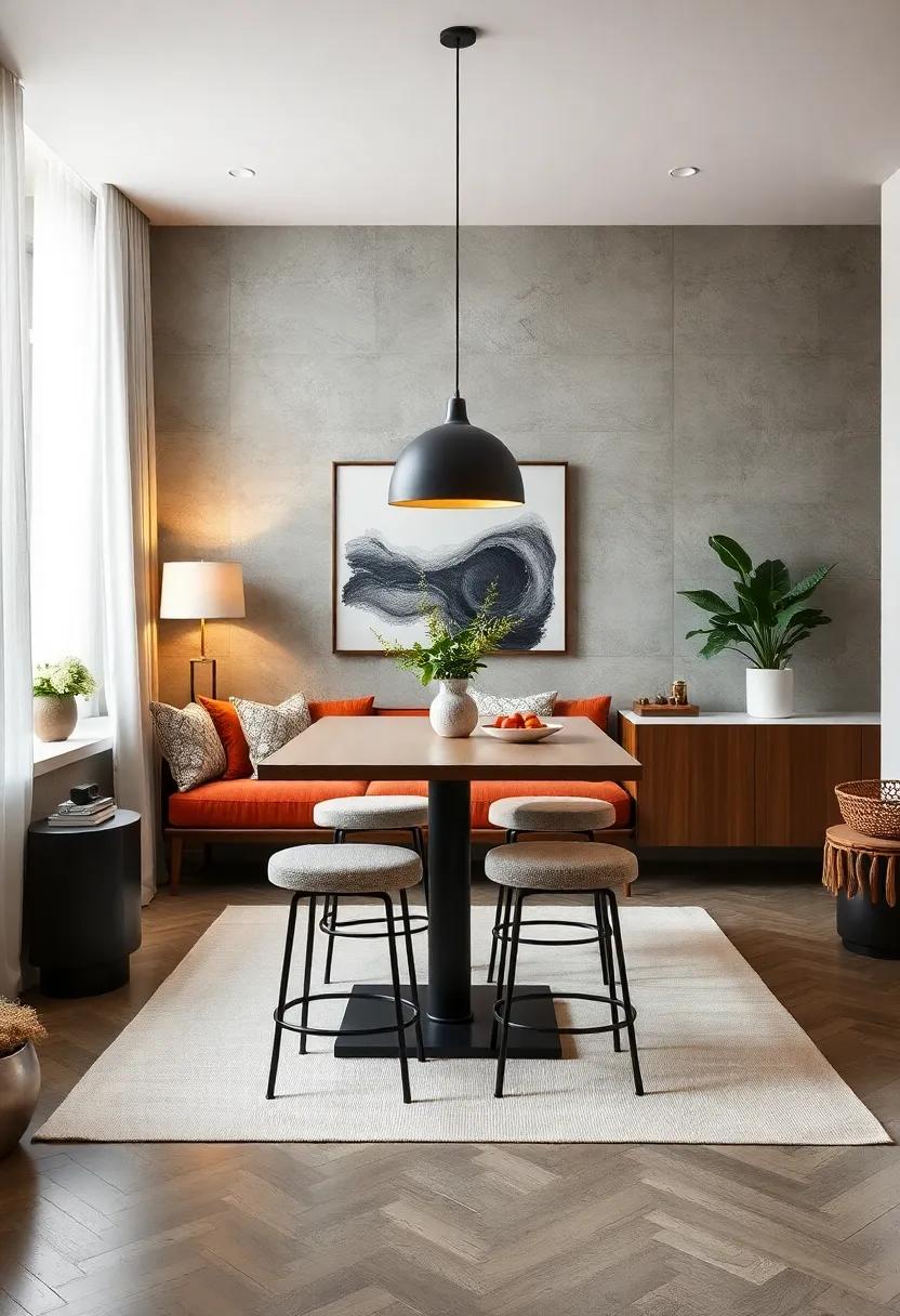 Tall Bar-Height Table with Stools: A space-saving option that creates an informal dining area, freeing up room underneath for storage