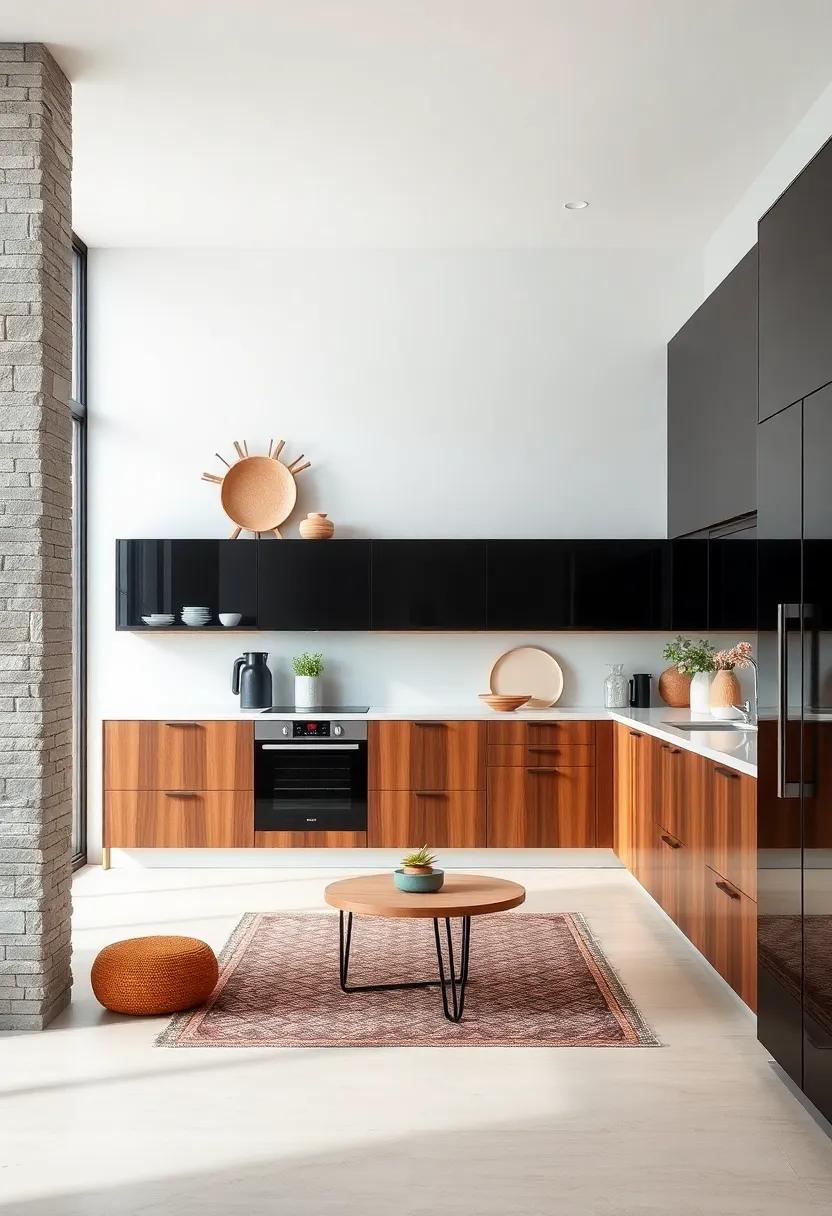 Black and Wood⁣ Blend: Contrast sleek black ‌upper cabinets with warm walnut⁣ lower cabinets for a dramatic ‌yet natural feel