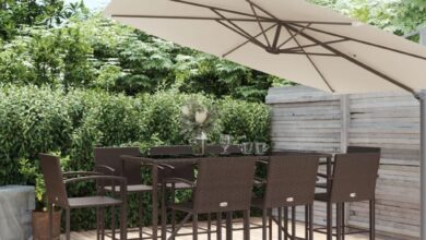 Our Take on the Stylish 9-Piece Brown Poly Rattan Patio Bar Set