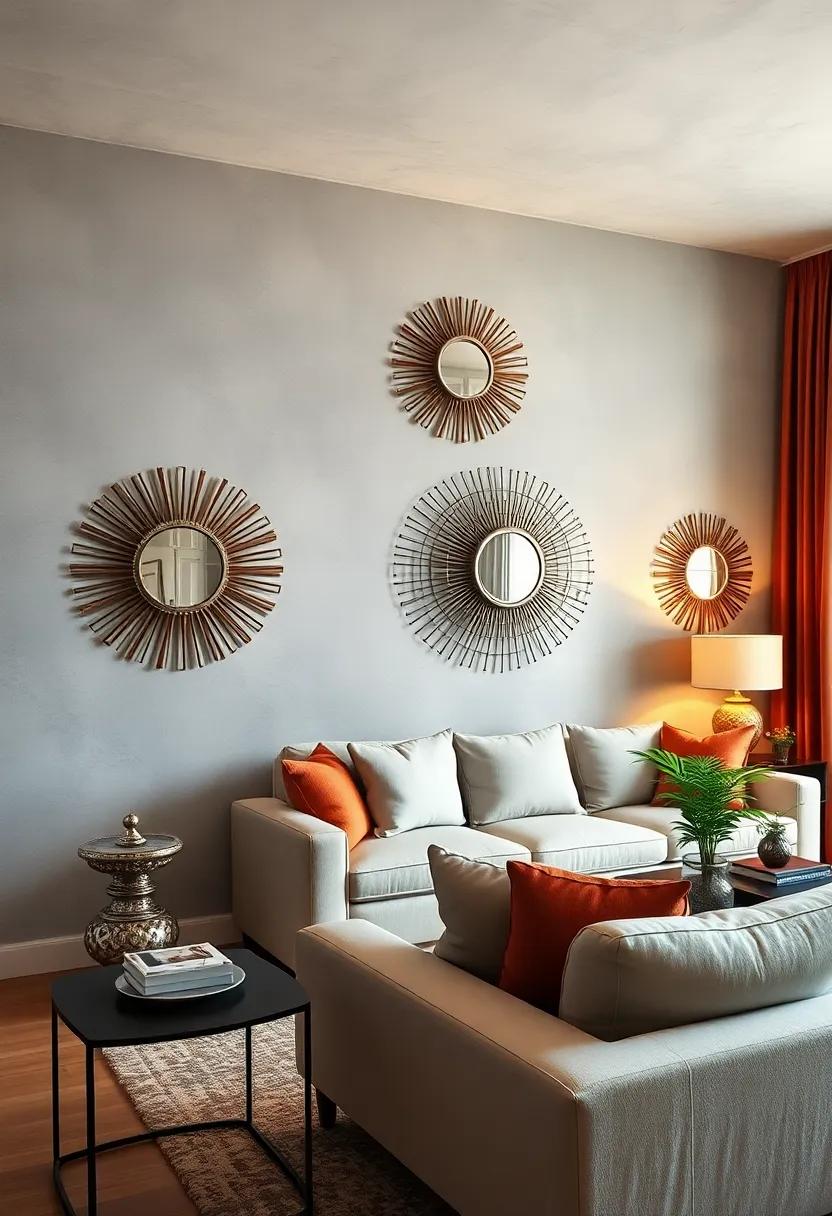 Sunburst Mirrors: Combining metal art with mirrors brightens the room and acts as a stunning focal point