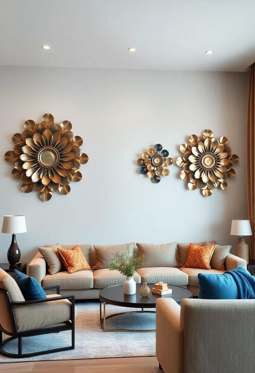 Circular wall Sculptures: Layered metal discs create a sense of depth and modern sophistication