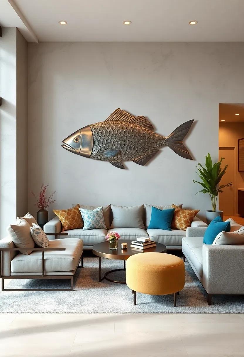 Artistic Metal Fish: Sleek fish designs bring tranquility and coastal vibes to urban living rooms