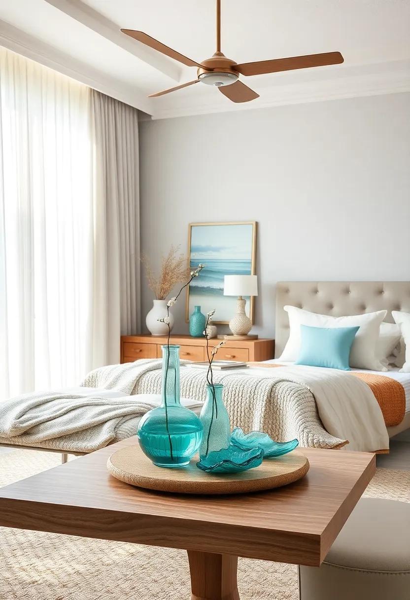 Coastal Glassware: Use sea glass vases or decorative bowls to reflect sunlight and mimic the shimmer of the sea