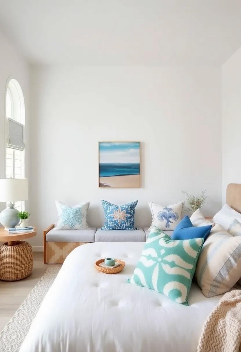 Coastal Throw Pillows: Mix cushions with beach motifs, nautical patterns, and soft hues to add comfort and style