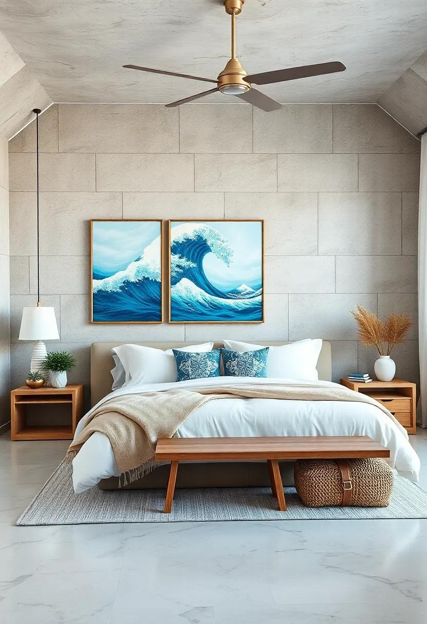 Ocean-Inspired Artwork: Feature paintings or prints depicting waves, boats, or marine life to reflect the coast