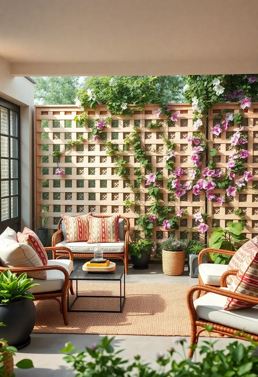 Charming Lattice Fence with Intertwined Clematis​ Vines