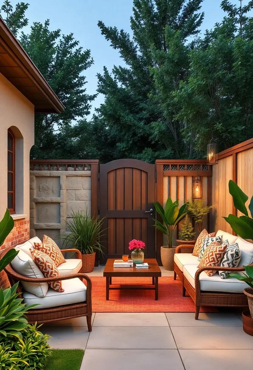 Cottage-Style Fence ‍with arched Gate ​and Hanging Lanterns
