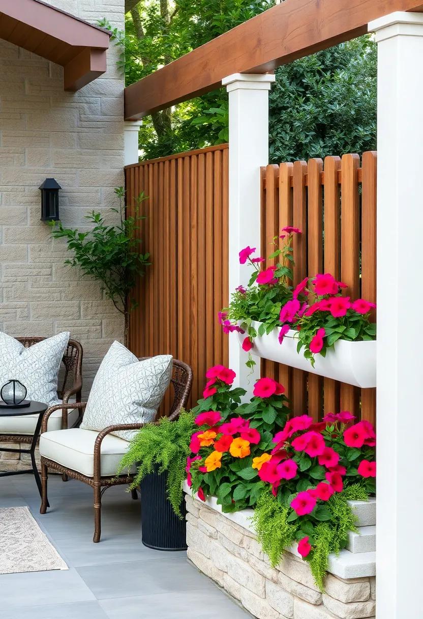 Curved Fence ⁢with Built-In Flower Boxes Overflowing with Petunias