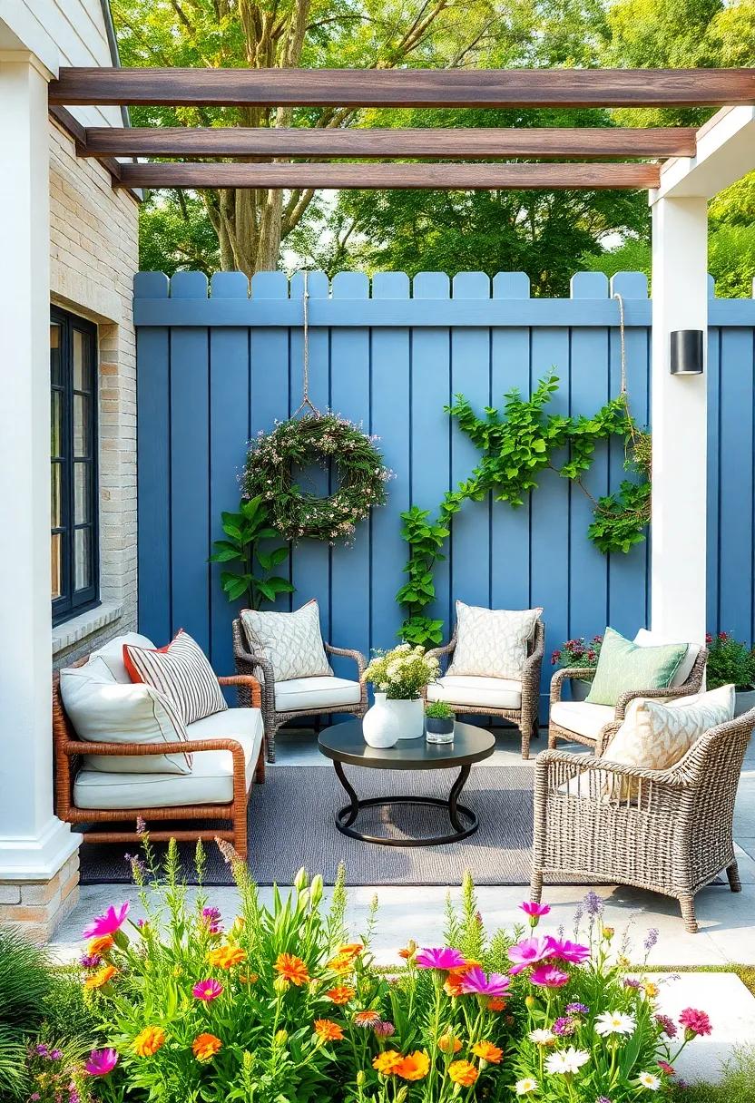 Distressed ⁤Blue Fence with Wildflower Borders