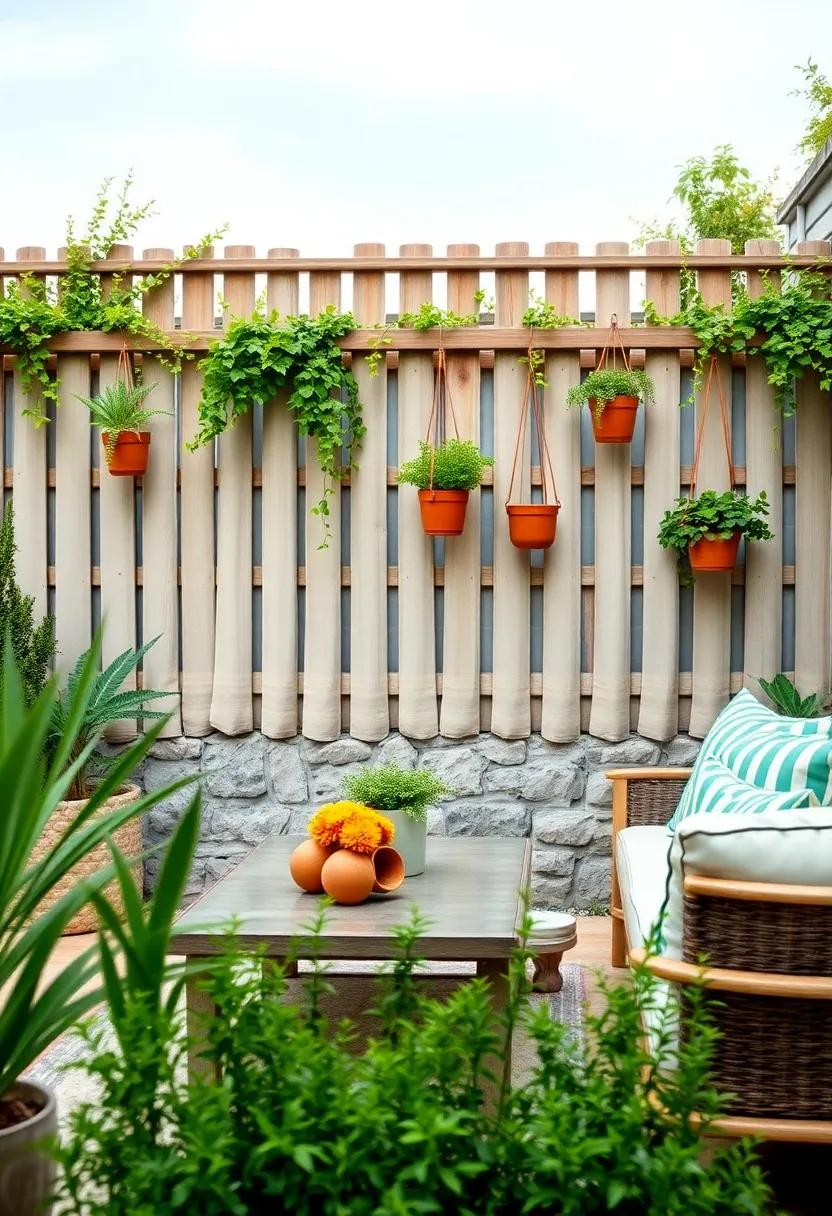 Garden Fence ‌Dotted with Hanging Terracotta Pots of Herbs