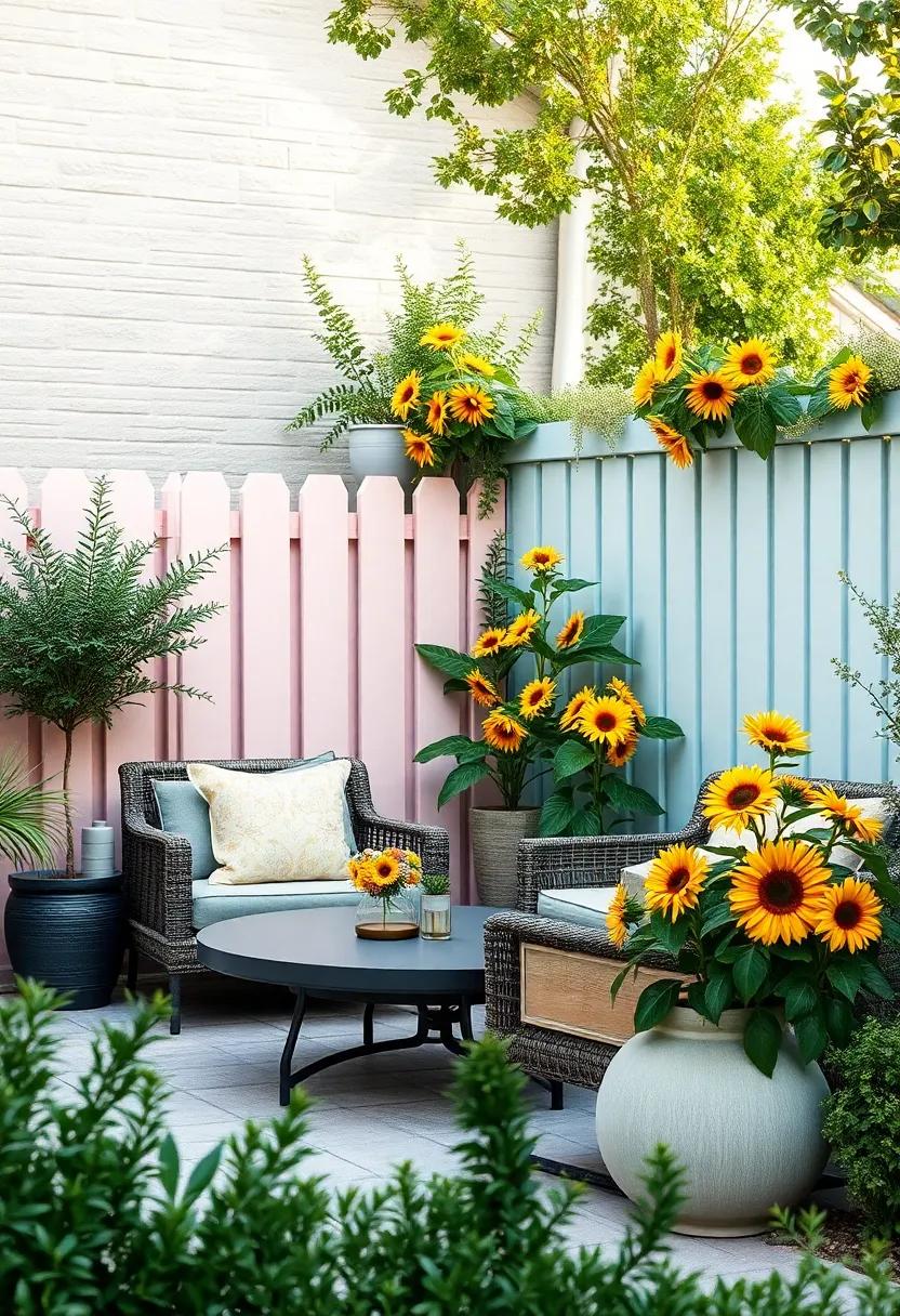 Painted Pastel‍ Fence⁤ Highlighted ⁢with Sunflower Clusters