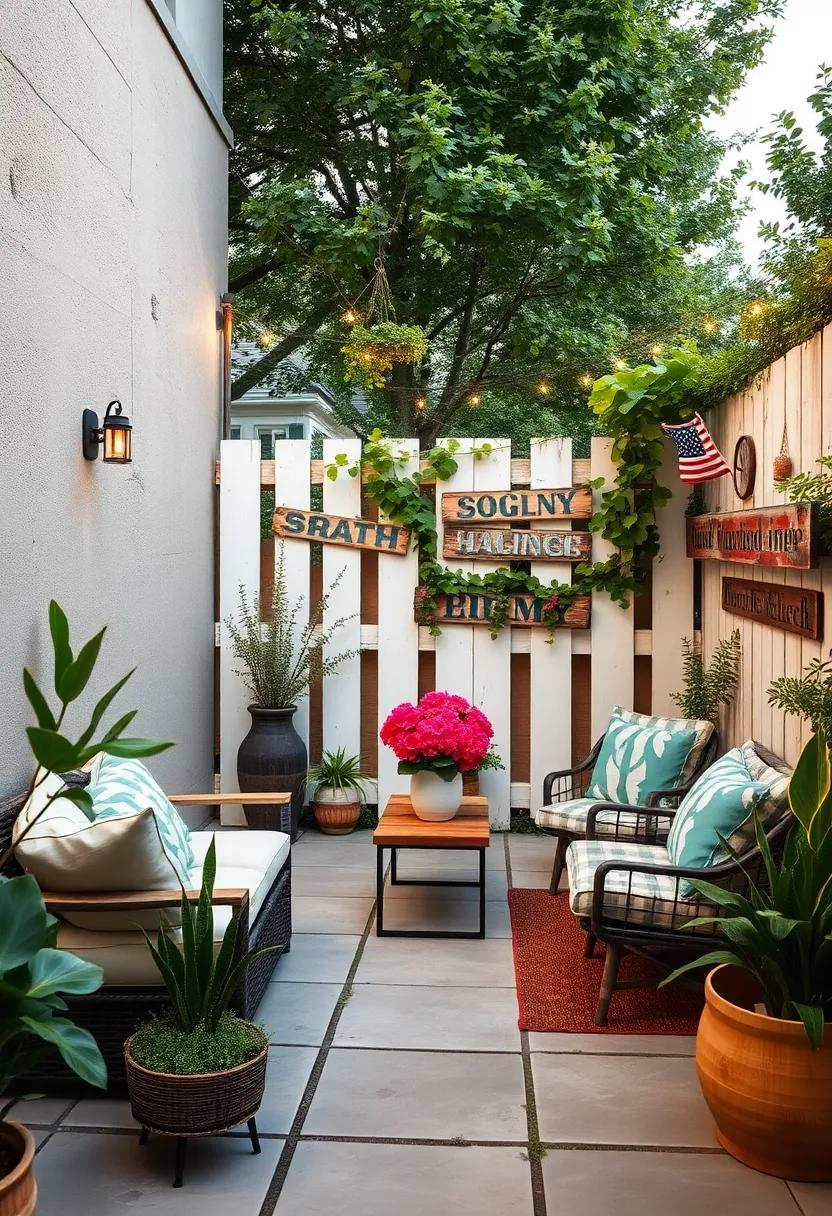 Whitewashed Pallet Fence Adorned with vintage metal Signs