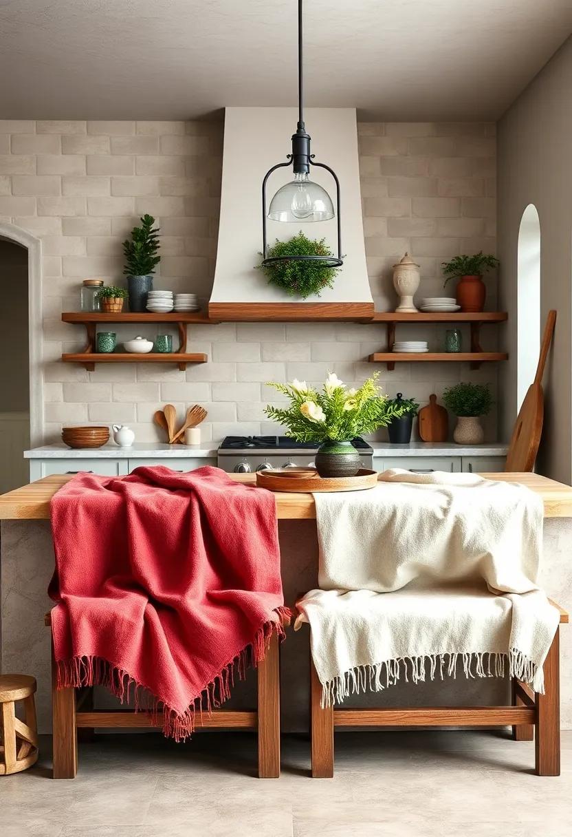 cozy Throw Blankets⁢ Draped Over Kitchen Benches