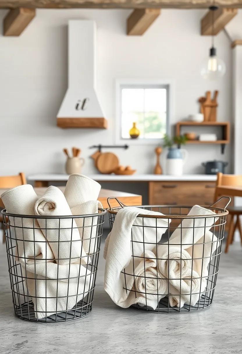 Rolled Towels​ in Wire Baskets for Inviting Texture