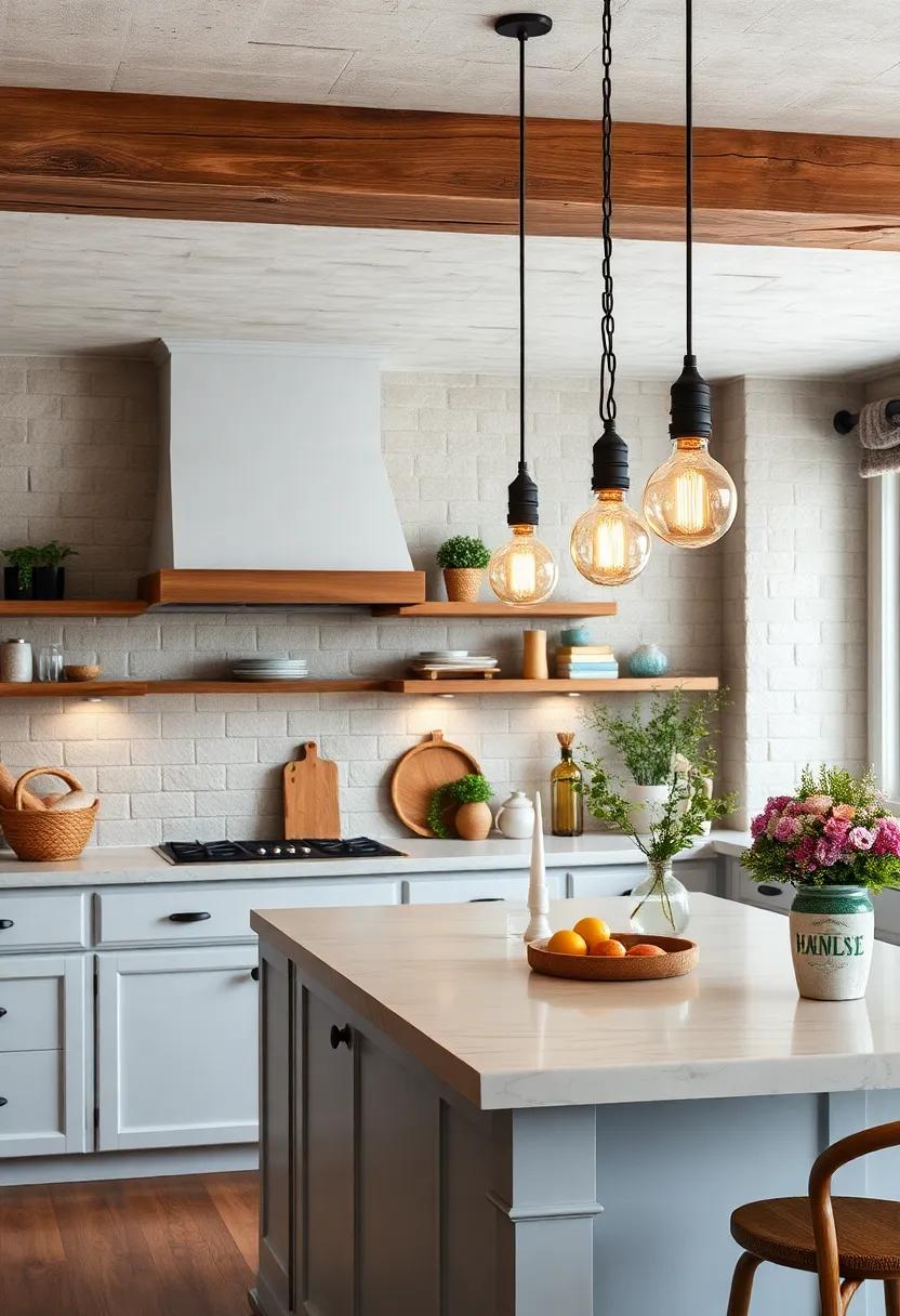 Rustic Pendant Lights with Edison Bulbs Over the Island