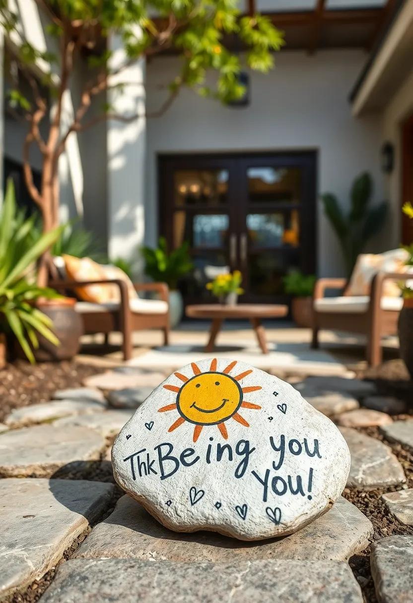 A beach stone painted with a smiling sun and the message⁤ 
