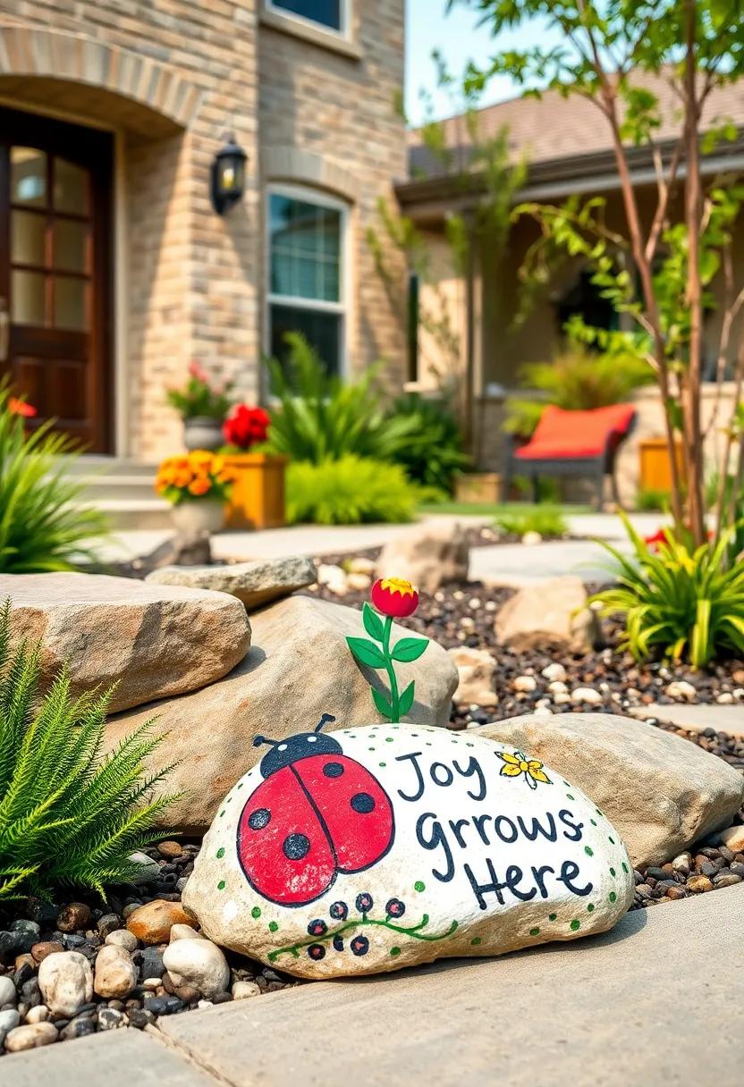A rock featuring a cheerful ladybug and the words 