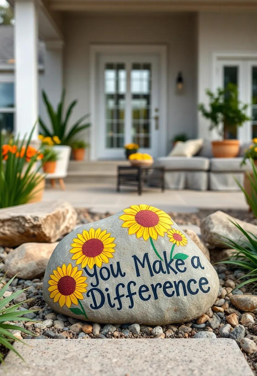 A rock painted with sunflowers and the ​words 