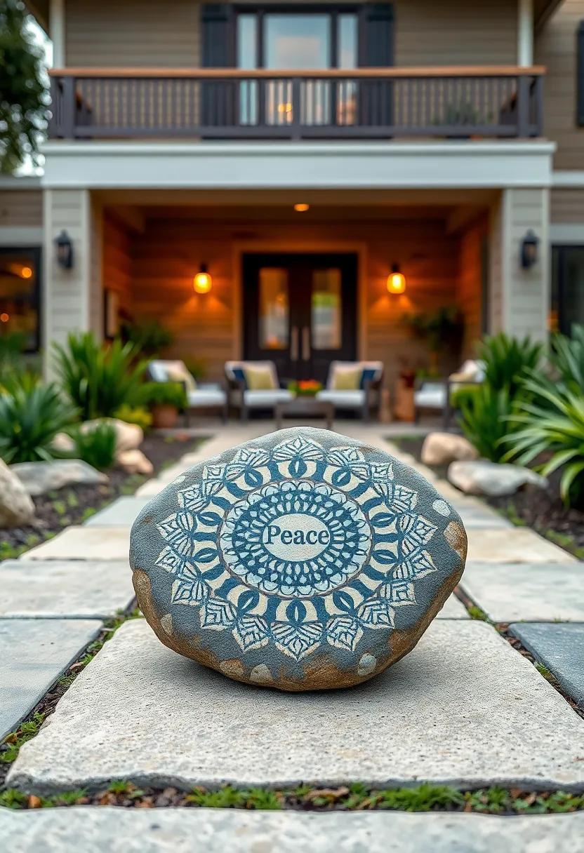 A flat stone displaying a mandala pattern with the word 