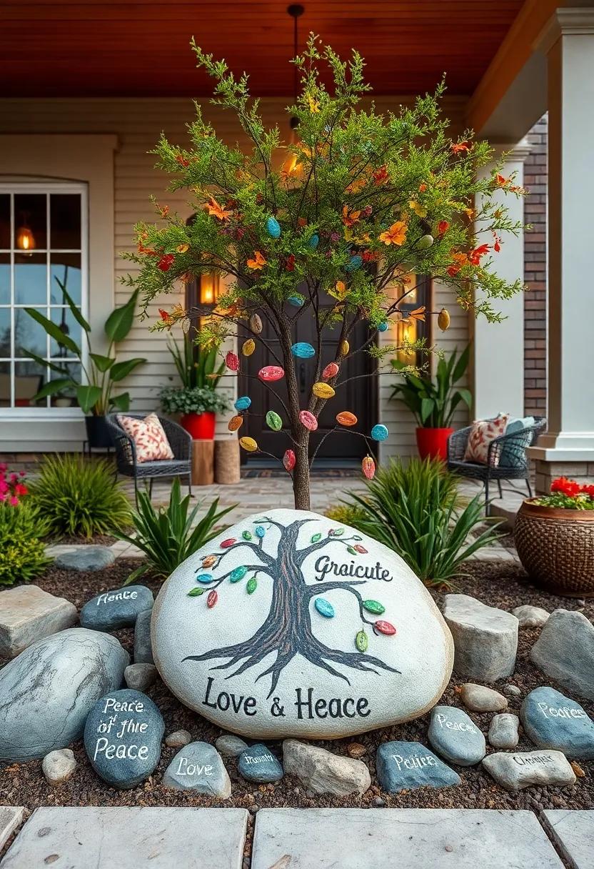 An ‌oval-shaped stone showcasing a hand-painted tree ⁢with leaves ⁤inscribed ​with words ‌like 