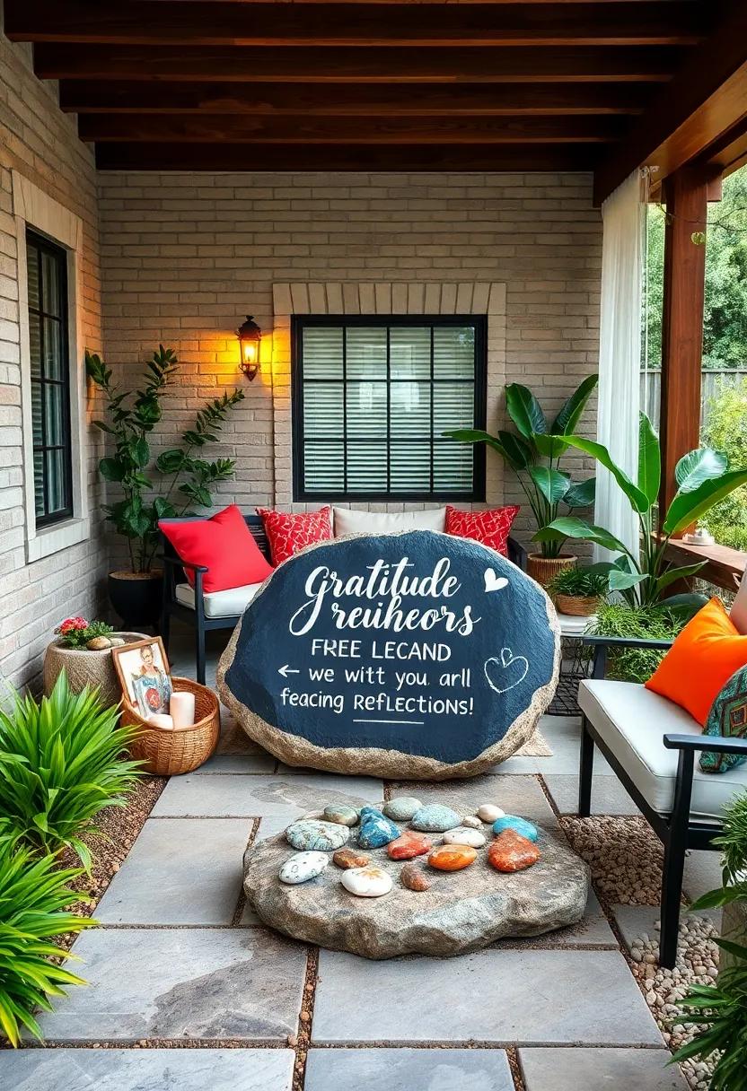 A large flat rock painted like a chalkboard with a daily gratitude prompt for neighbors ​to add their own joyful reflections