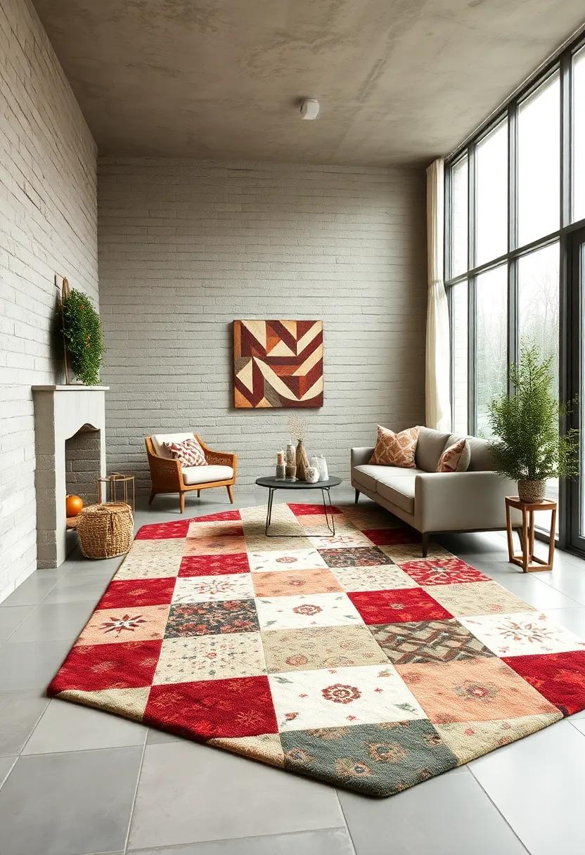 Cozy Cabin Patchwork Rug - Patchwork inspired by quilt patterns, blending traditional motifs with holiday ​colors