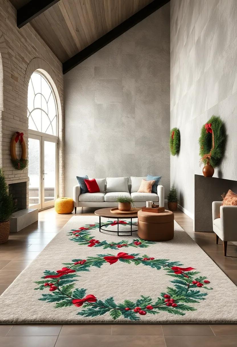 Festive Fir⁢ Wreath rug - Circular wreath designs ⁢with berries and ribbons create a welcoming ⁤holiday impression