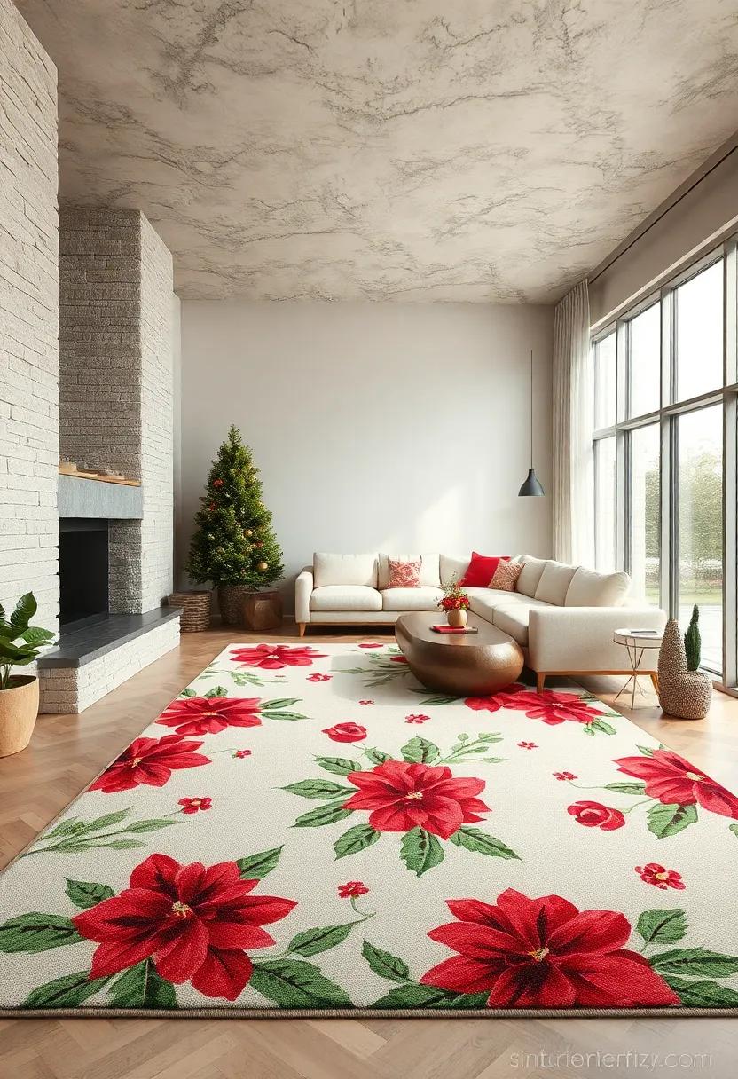 Festive Florals Rug -​ Bold poinsettia blooms interlaced with holly leaves create​ a vibrant centerpiece for⁢ holiday rooms