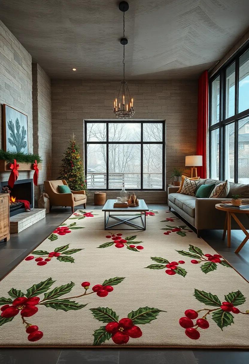 Holly Berry Charm Rug - ​Deep⁤ greens and vibrant reds showcase holly branches, ​imbuing festive cheer⁢ underfoot