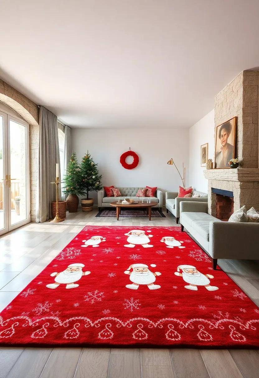 Jolly Santa Steps Rug - ‌Cheerful ⁣Santa Claus figures ⁤step across⁢ a bright red backdrop, perfect for playful décor