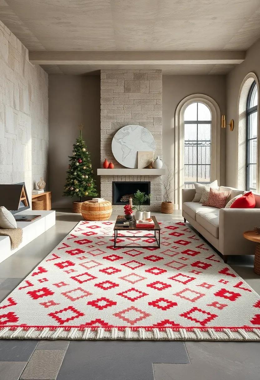Nordic Knit Pattern ⁣Rug ⁤-⁢ Mimicking cozy⁤ sweater ‍textures, this rug features ⁢geometric ⁢motifs⁣ in winter​ whites and reds